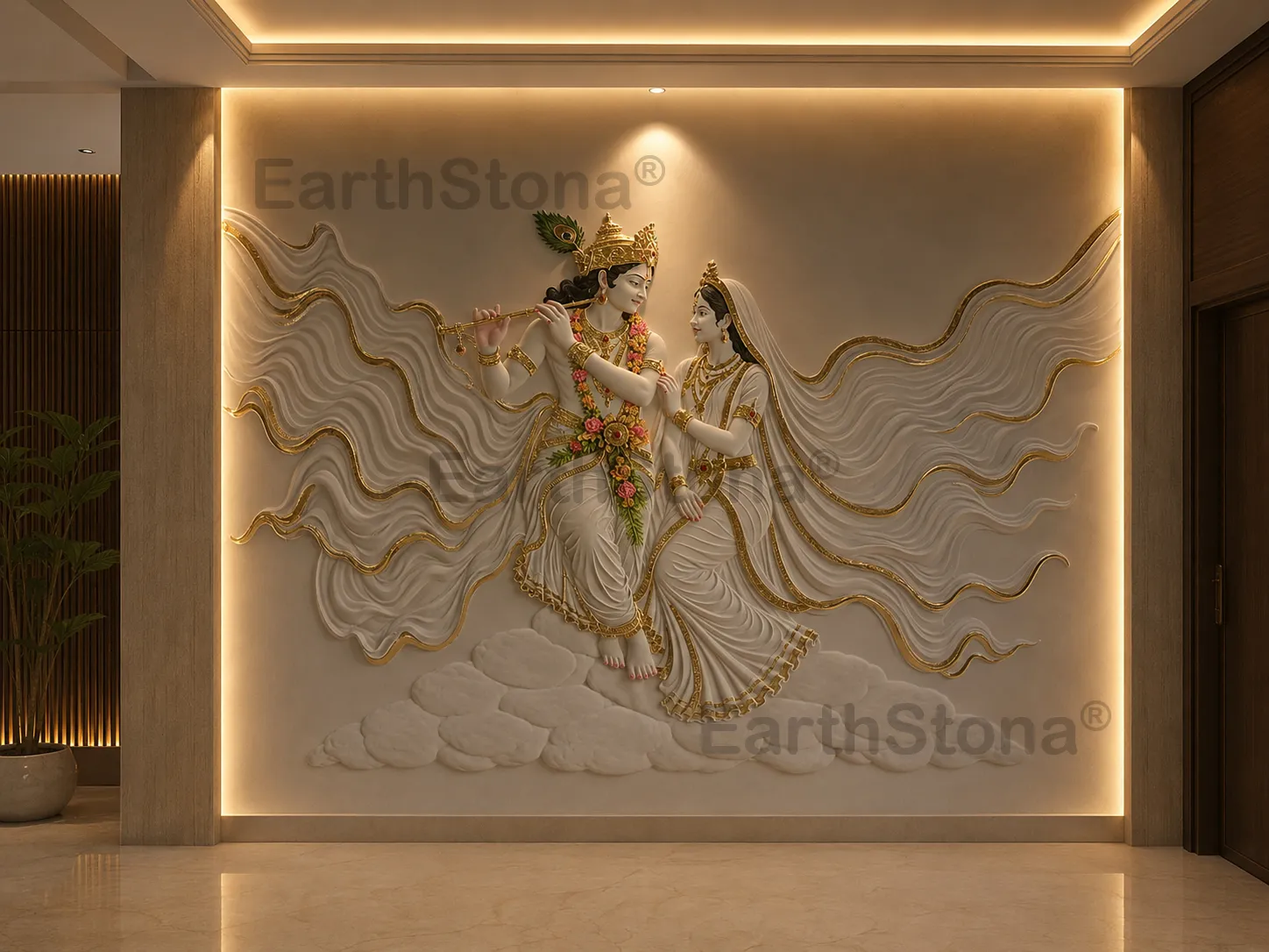 Radha Krishna natural stone wall mural with gold detailing and backlit luxury wall art by EarthStona